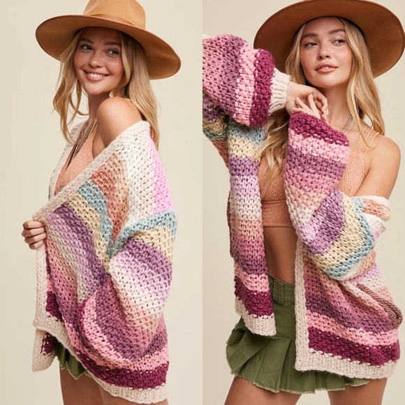 Rainbow Striped Chunky Knitted Cardigan - Picture 12 of 12